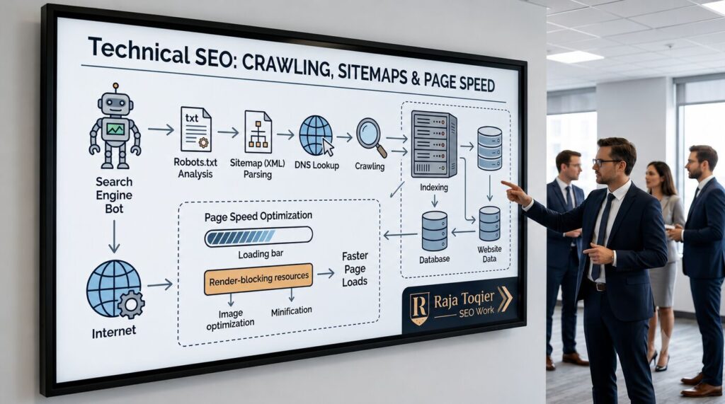 Diagram-showing-technical-SEO-elements-like-crawling-sitemaps-and-page-speed-new-blog-1-1024x571